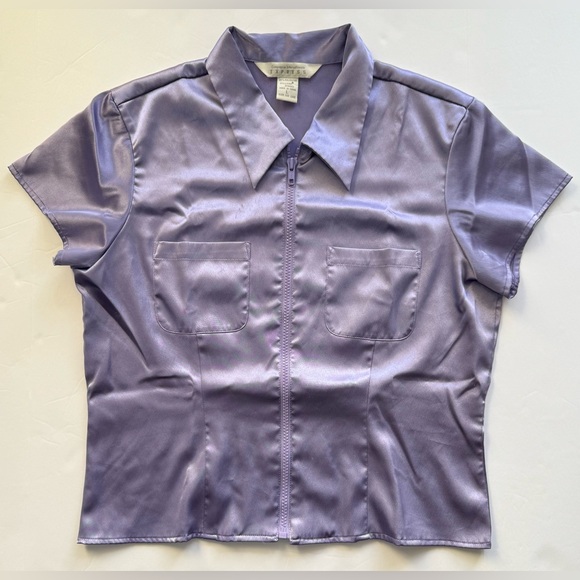 Express Tops - Vintage Express Satin Pointed Collar Zip Cropped Top Purple Size L